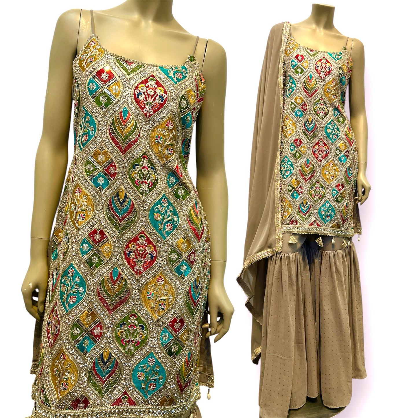 Multi Color Sharara Suit in Spaghetti Sleeves