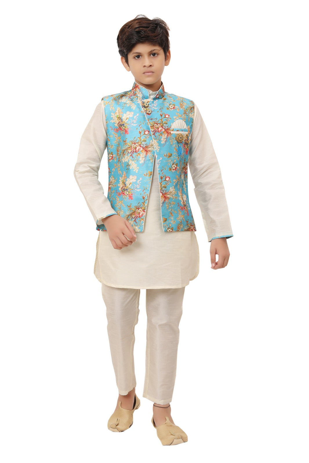 Boys Kurta Set with Floral Jacket