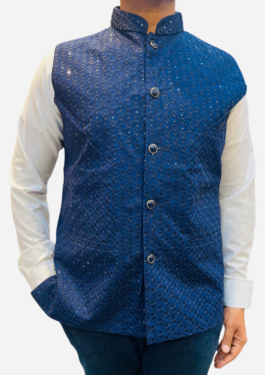 Sequins Nehru Jacket in Navy Blue