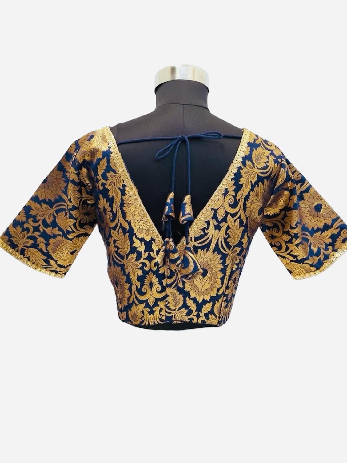 Brocade Saree Blouse in Navy Blue