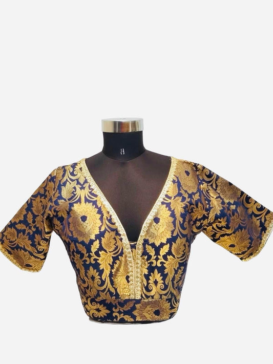 Brocade Saree Blouse in Navy Blue