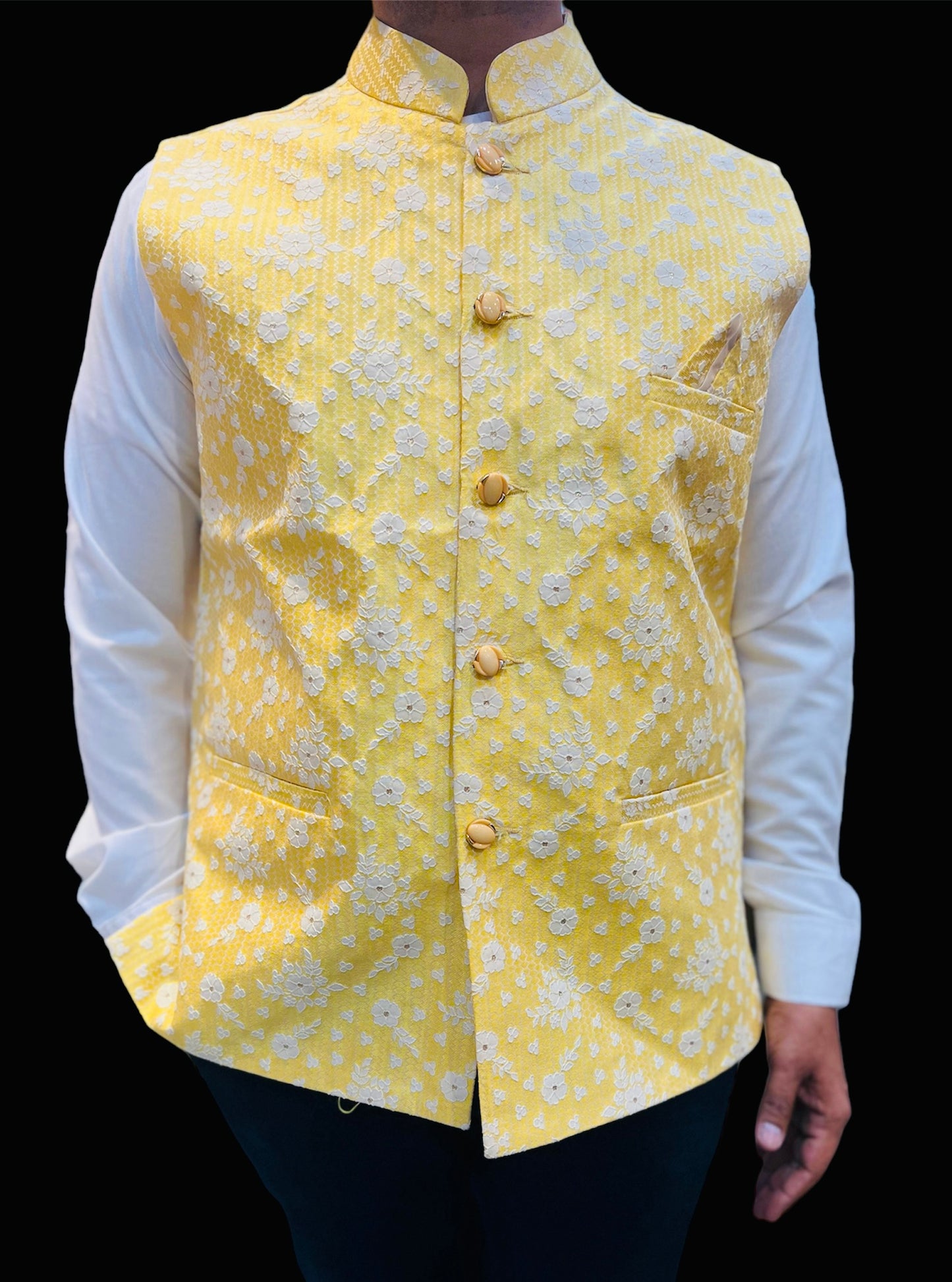 Brocade Nehru Jacket in Light Yellow