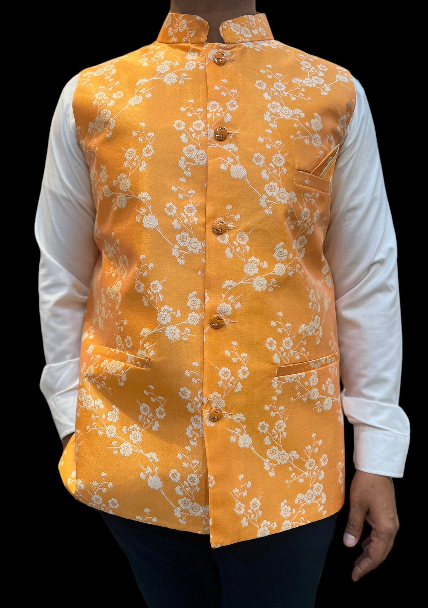 Brocade Nehru Jacket in Light Orange