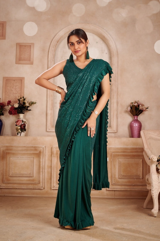 Readymade Saree in Bottle Green