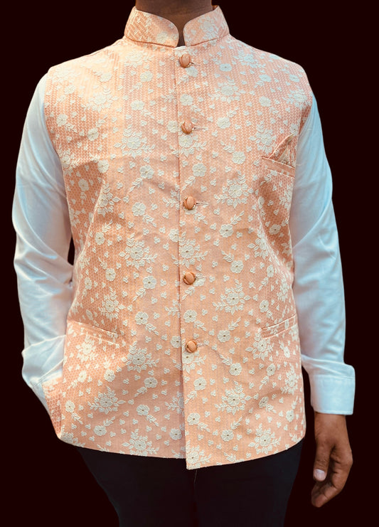 Brocade Nehru Jacket in Light Peach