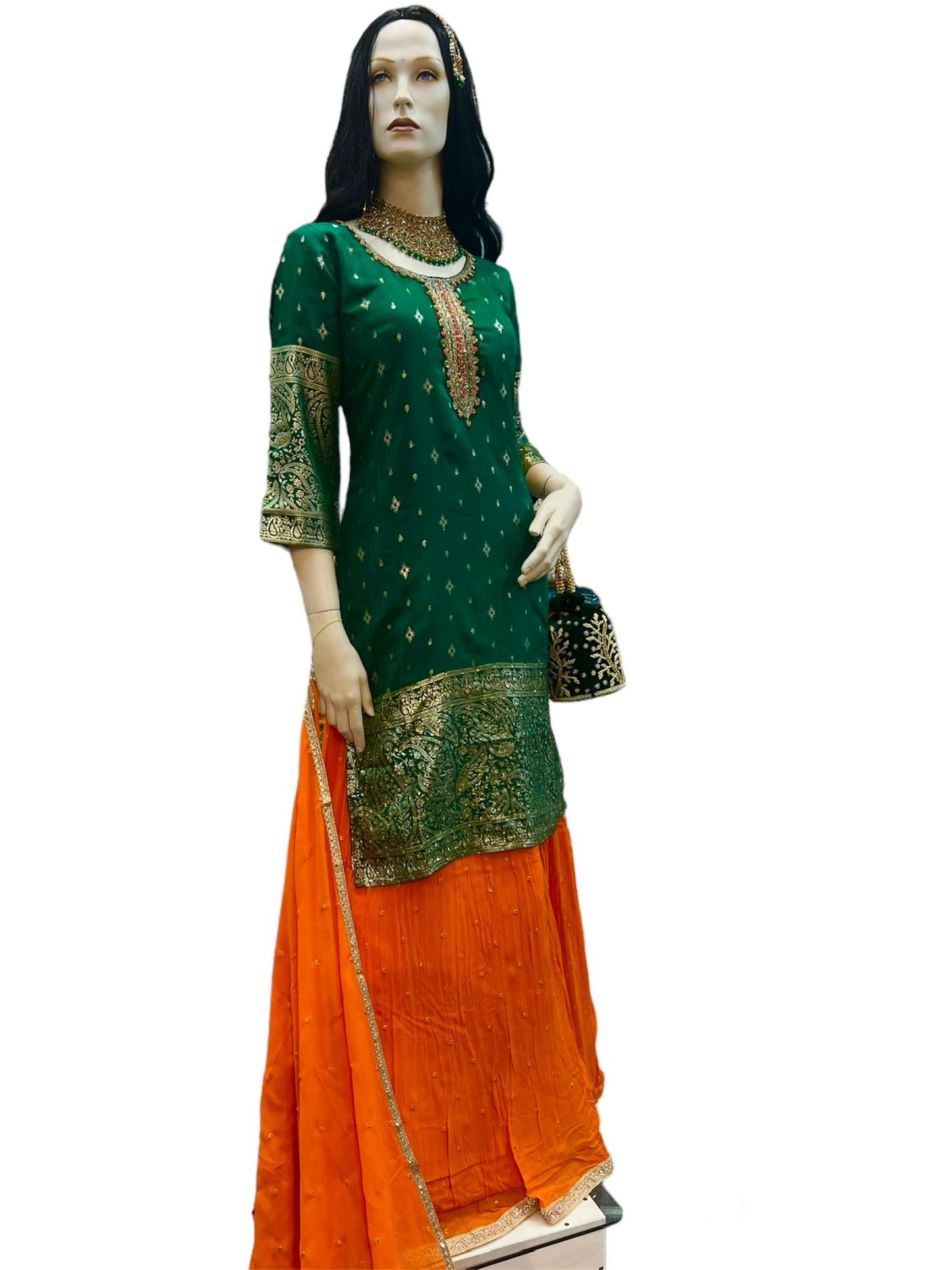 Dark Green Long Top Lahenga